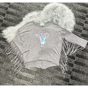 Judith March Anthropology Steer Head Floral Fringe‎ T Size Medium